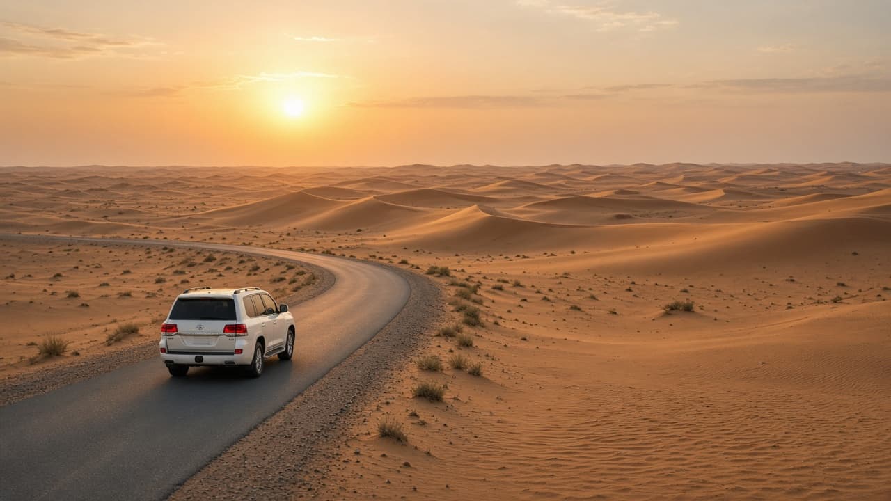 Calm desert transfer to a Dubai safari camp on a smooth flat track — no dune bashing