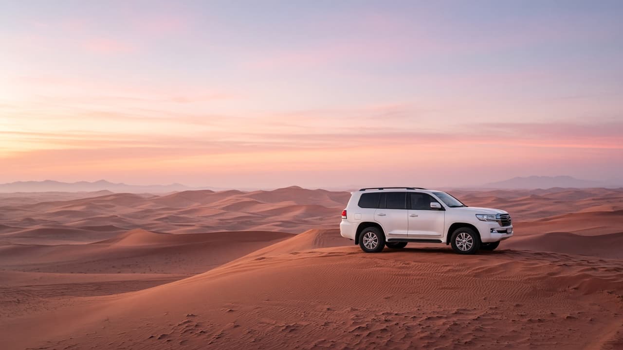 Morning desert safari Dubai — soft golden light on red dunes with a 4x4 on the ridge